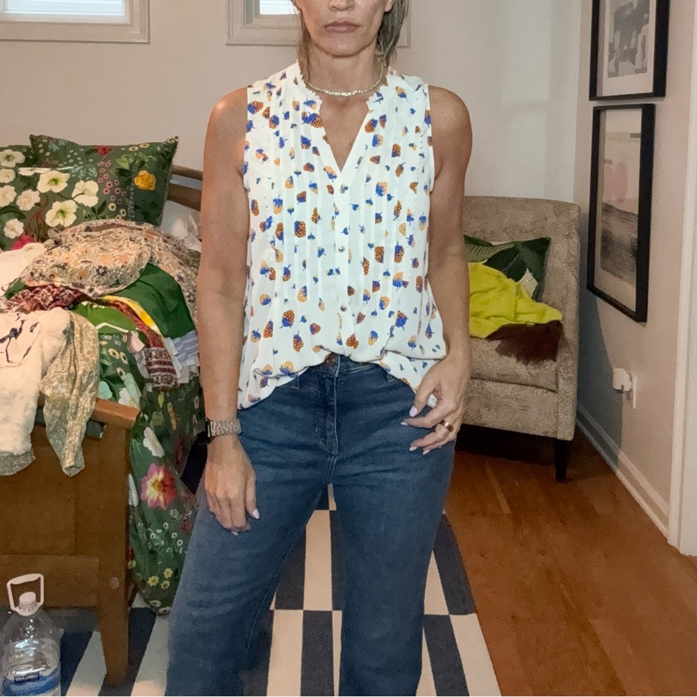 Maeve Cream and Blue nature  Sleeveless Blouse